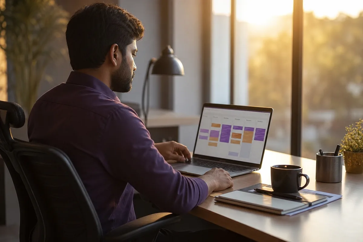 Indian professional checking calendar and booking schedule on a laptop