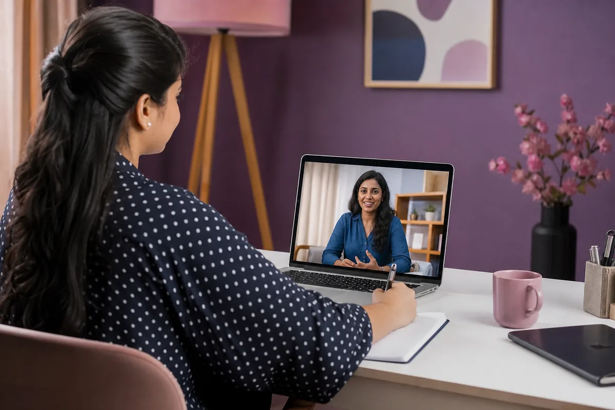 Indian candidate in a video mock interview with a human mentor on screen