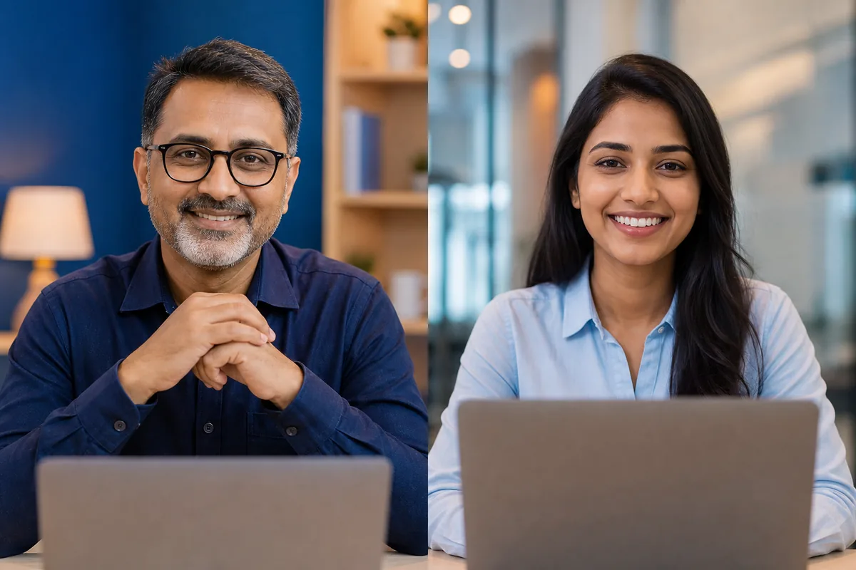 Indian HR mentor and Indian candidate on a live human video mock interview