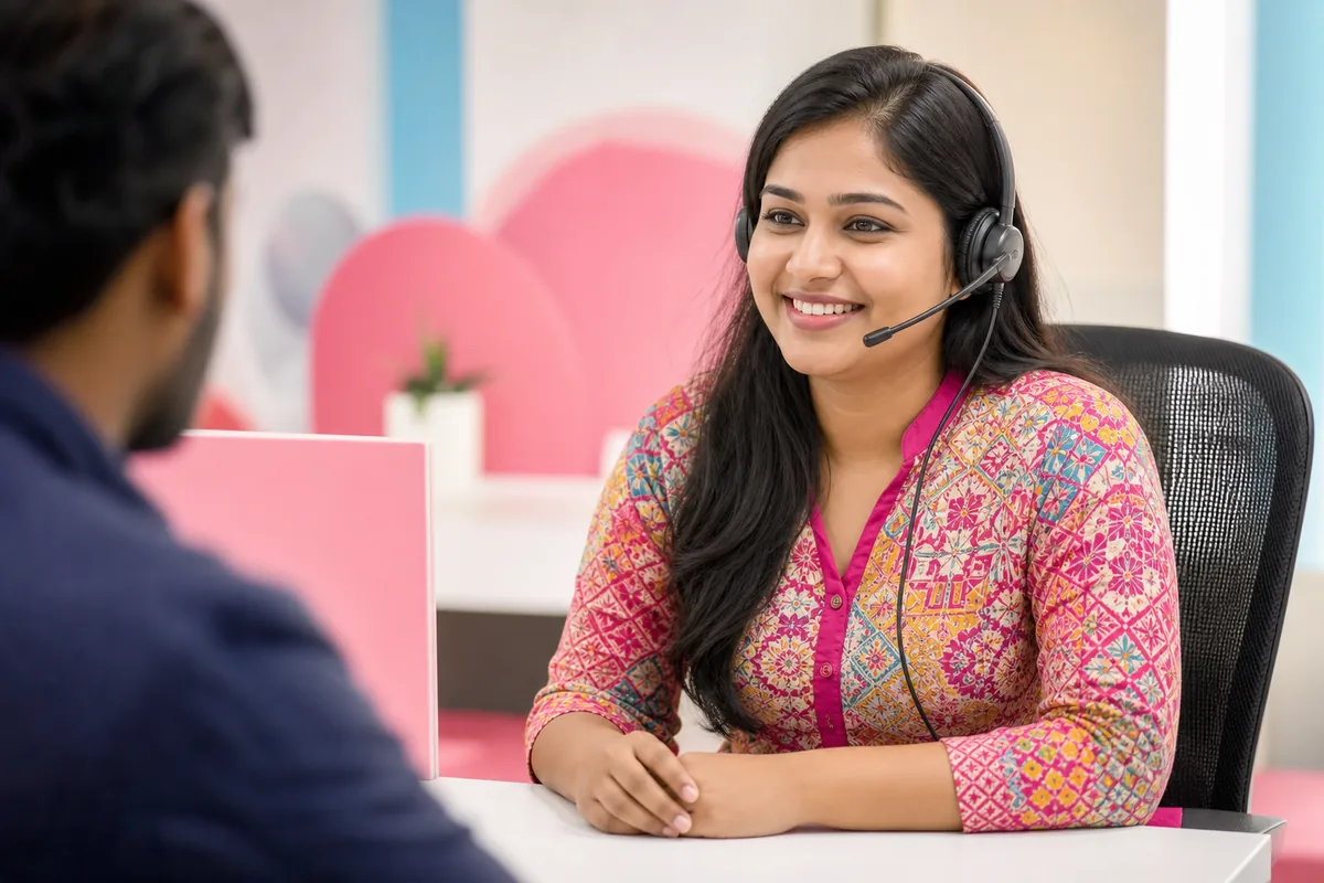 Indian customer support professional helping a candidate with empathy