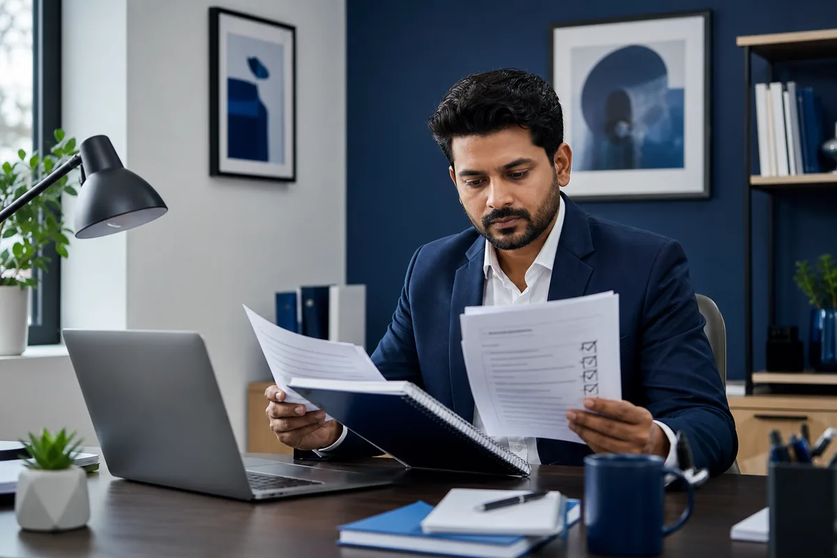 Indian candidate focused on interview preparation notes at a modern desk