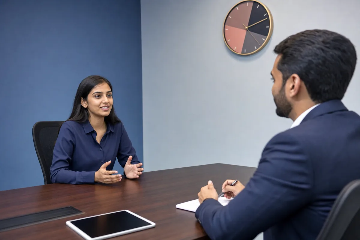 Indian candidate and interviewer in a timed mock interview meeting room