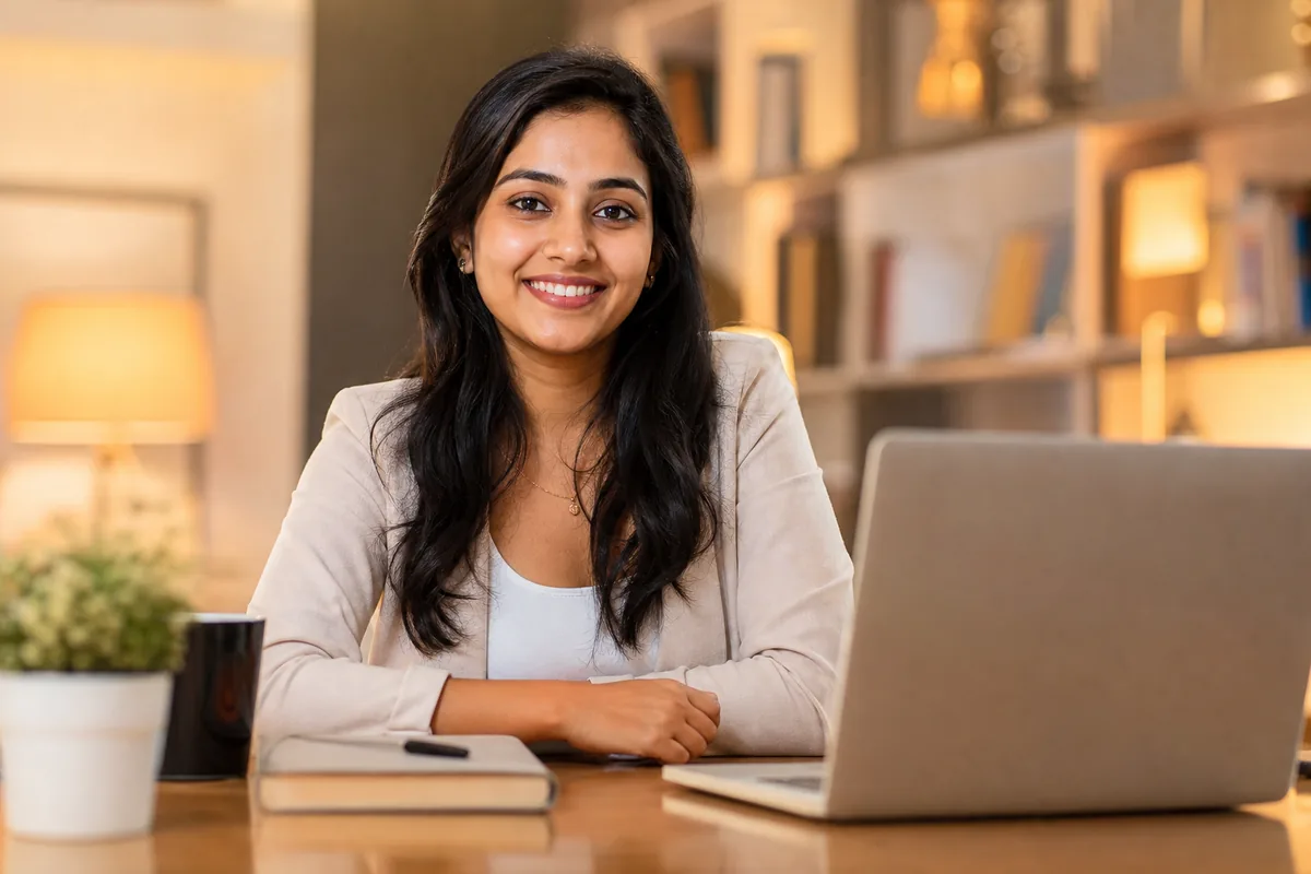 Indian professional smiling confidently after mock interview preparation