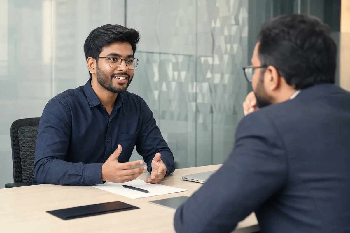 Indian candidate and interviewer in a friendly mock interview discussion — Android Developer — HR and technical interview practice — MockitX