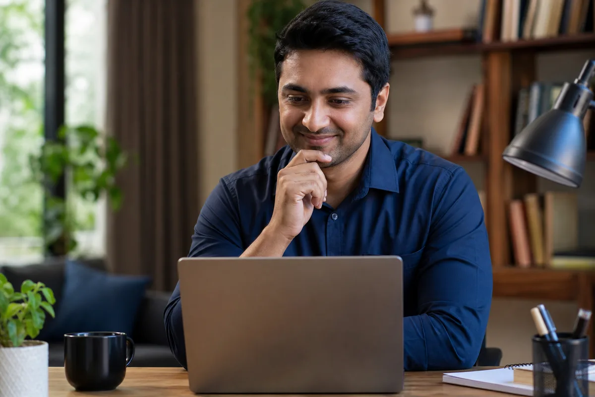 Indian professional reading structured interview feedback on a laptop — Data Engineer — HR and technical interview practice — MockitX