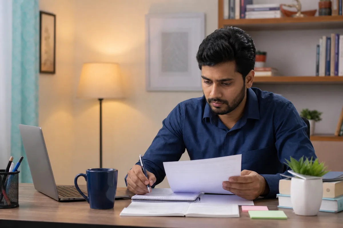 Indian job seeker preparing interview notes before a practice session — Python Developer — HR and technical interview practice — MockitX