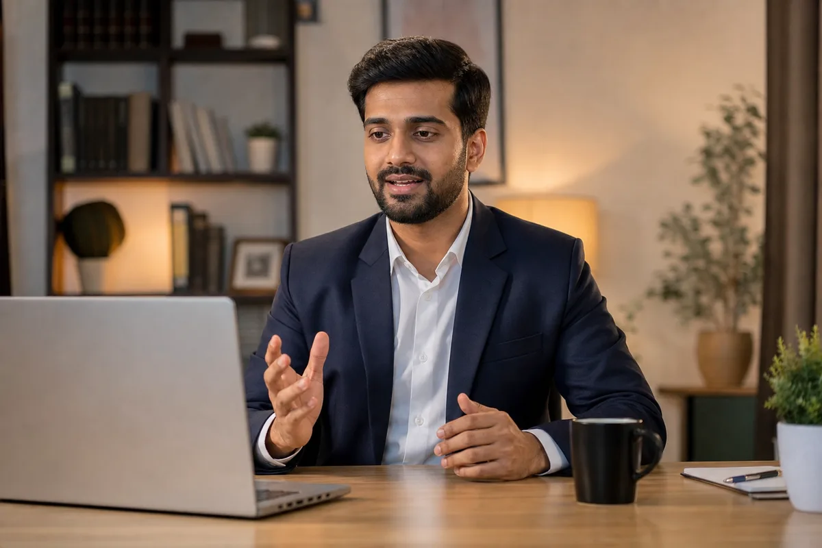 Indian job candidate in a professional mock video interview on a laptop — Full Stack Developer — HR and technical interview practice — MockitX