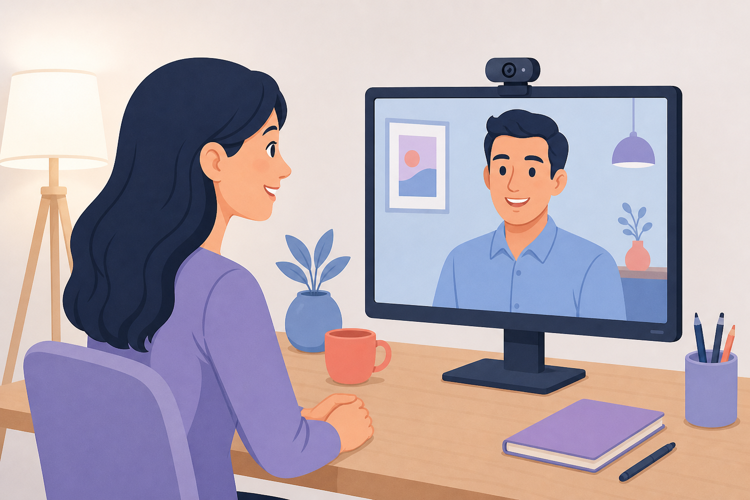 Online interview camera at eye level with a clean neutral background and front lighting