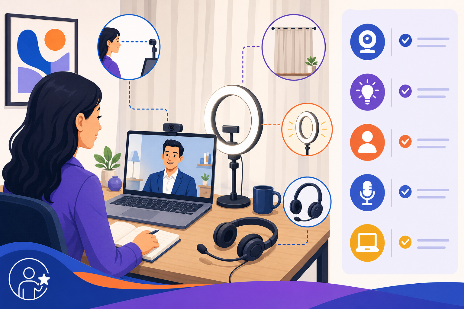 Visual guide to online interview setup — camera height, lighting, audio, and a quiet workspace
