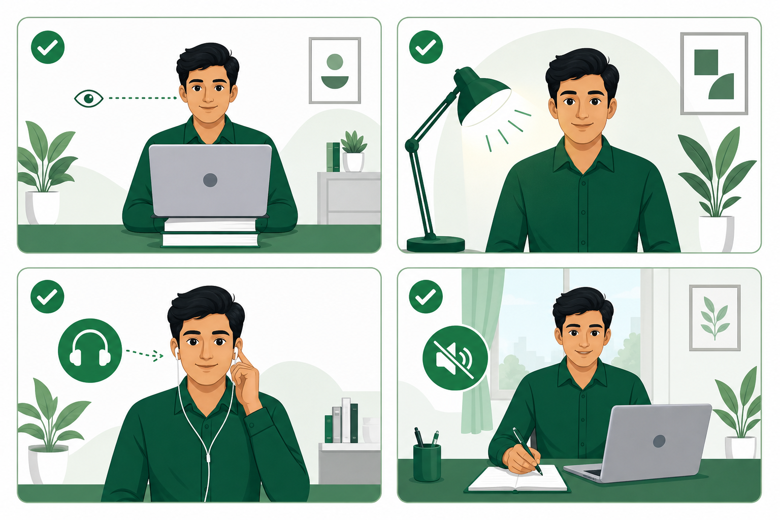 Visual guide to online interview setup — camera height, lighting, audio, and a quiet workspace