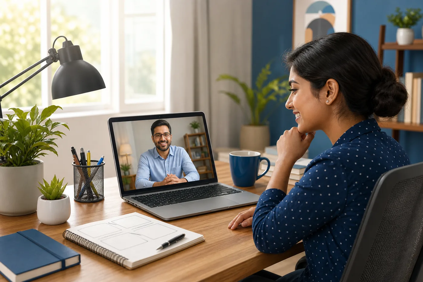 Indian professional in a live human mock interview on a laptop