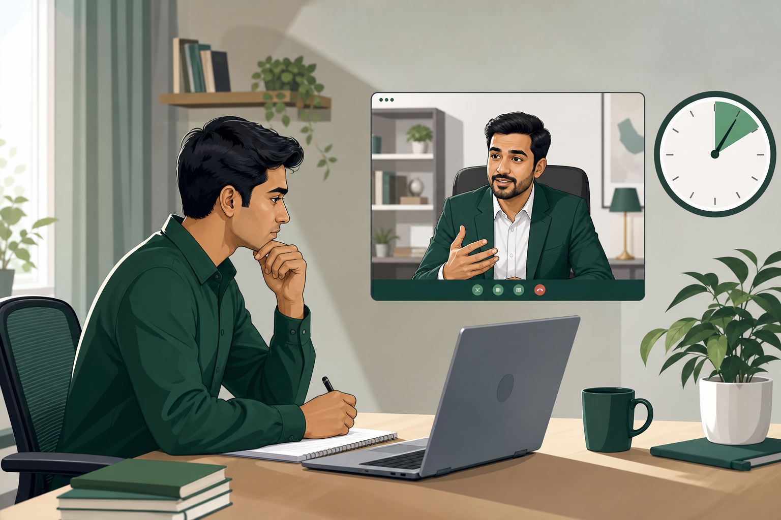 Candidate practicing a realistic mock interview scenario with a human mentor on video call